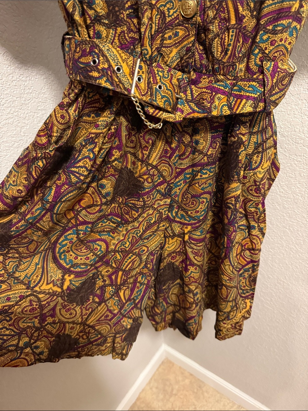 Vintage Paisley Short Sleeve Belted Romper in Mustard & Brown - Picture 2 of 7